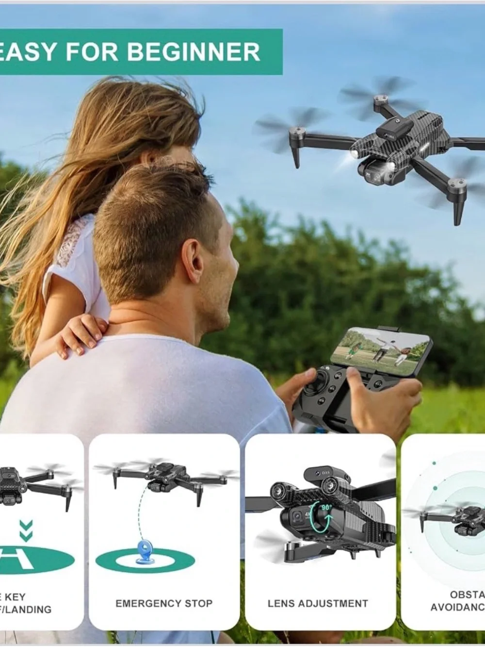 Carbon Black 4K Camera Foldable Drone with Dual Batteries & Carry Case New MSMV